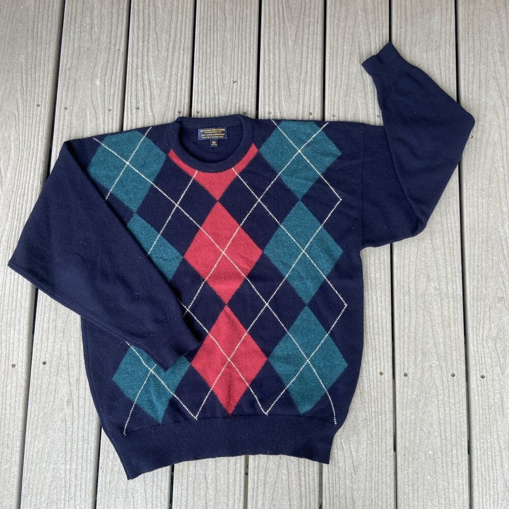 Brooks Brothers Shetland Wool Argyle Sweater Mens 44 Navy Made in England Vtg